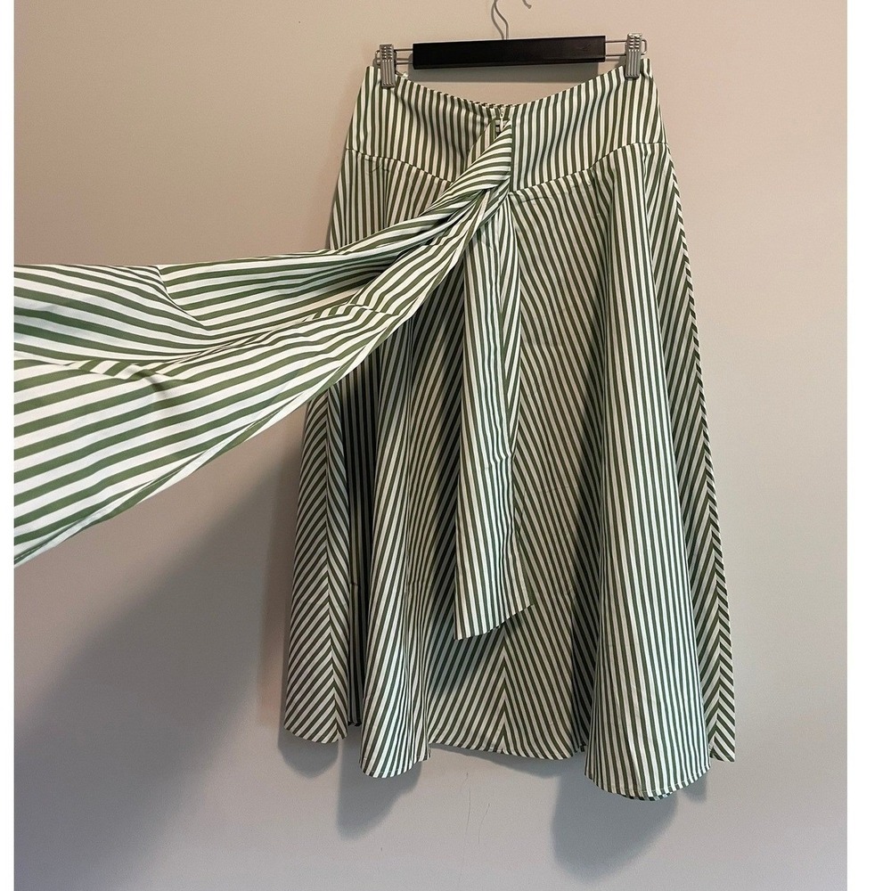 Micas Green White Striped Midi Flare Skirt High Waist Back Tie M